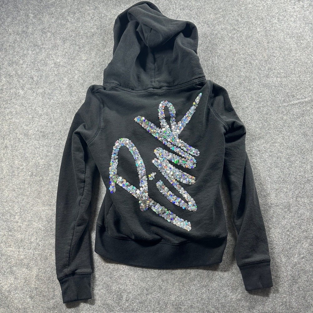PINK Victoria's Secret Zip Hoodie Women Small Black Sequin Logo Y2K Graphic